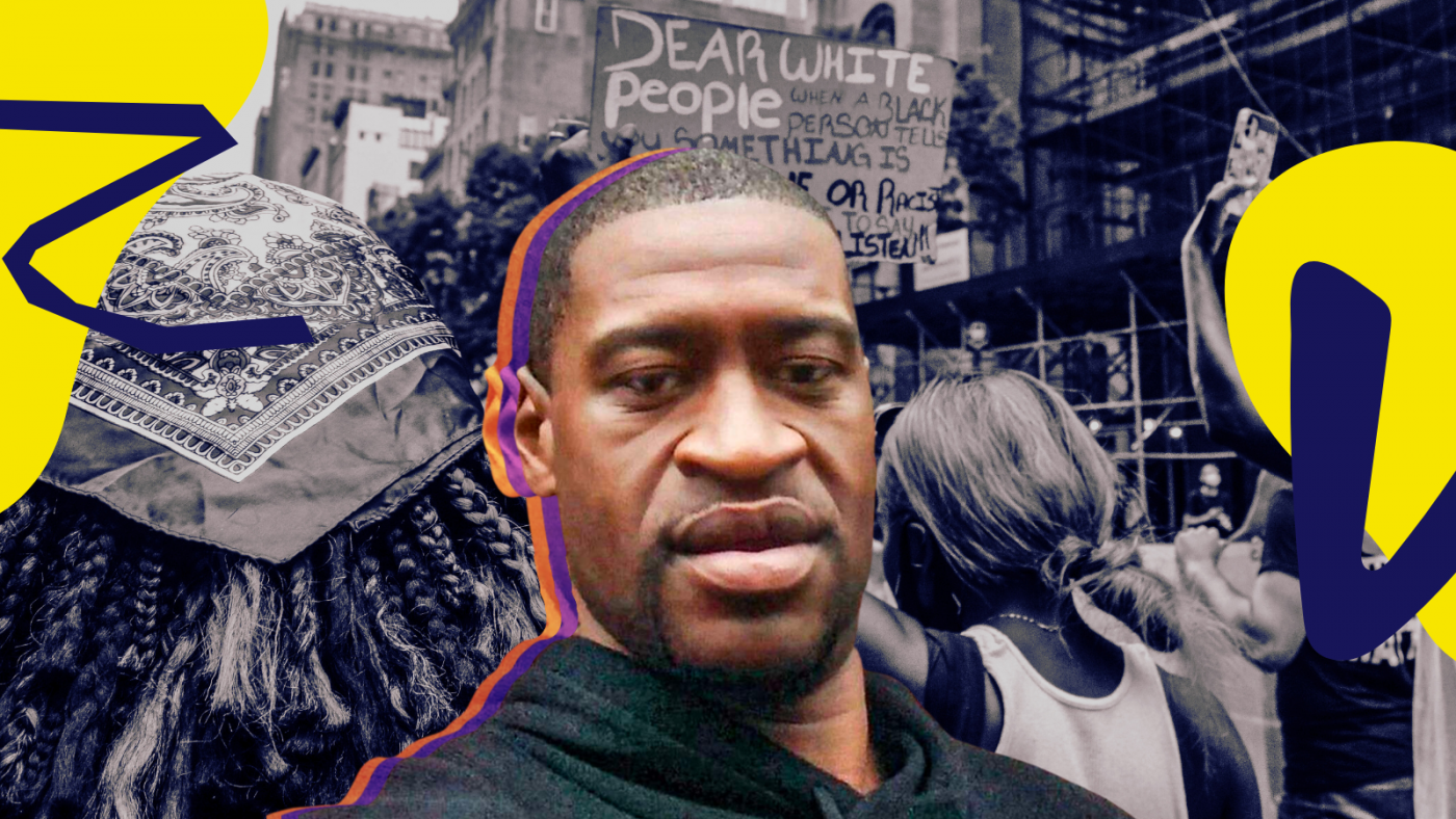 Black and white photograph of a BLM protest as the background. Cutout photograph of George Floyd in colour sits in the centre, behind him are identical photographs in purple and orange. On either side of the image sits abstract illustrations in yellow and dark blue. 