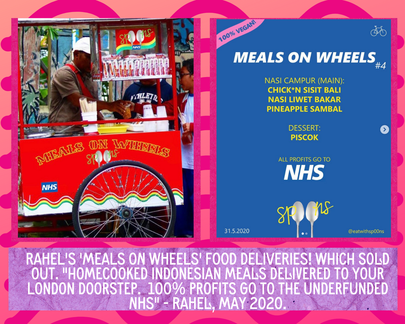 Two images; Rahel's meals on wheels food deliveries