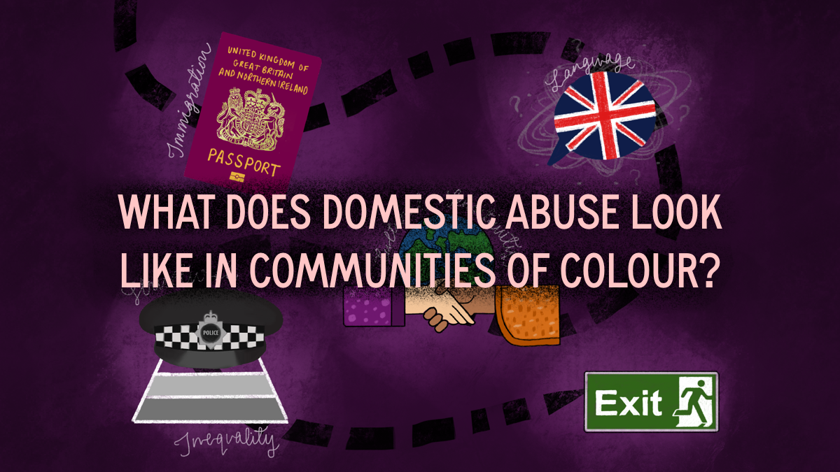 Purple background with illustrative icons including a EU passport, Police cap, British flag in a speech bubble, Exit sign, hands holding. The icons surround text in white: What Does Domestic Abuse Look Like in Communities of Colour?