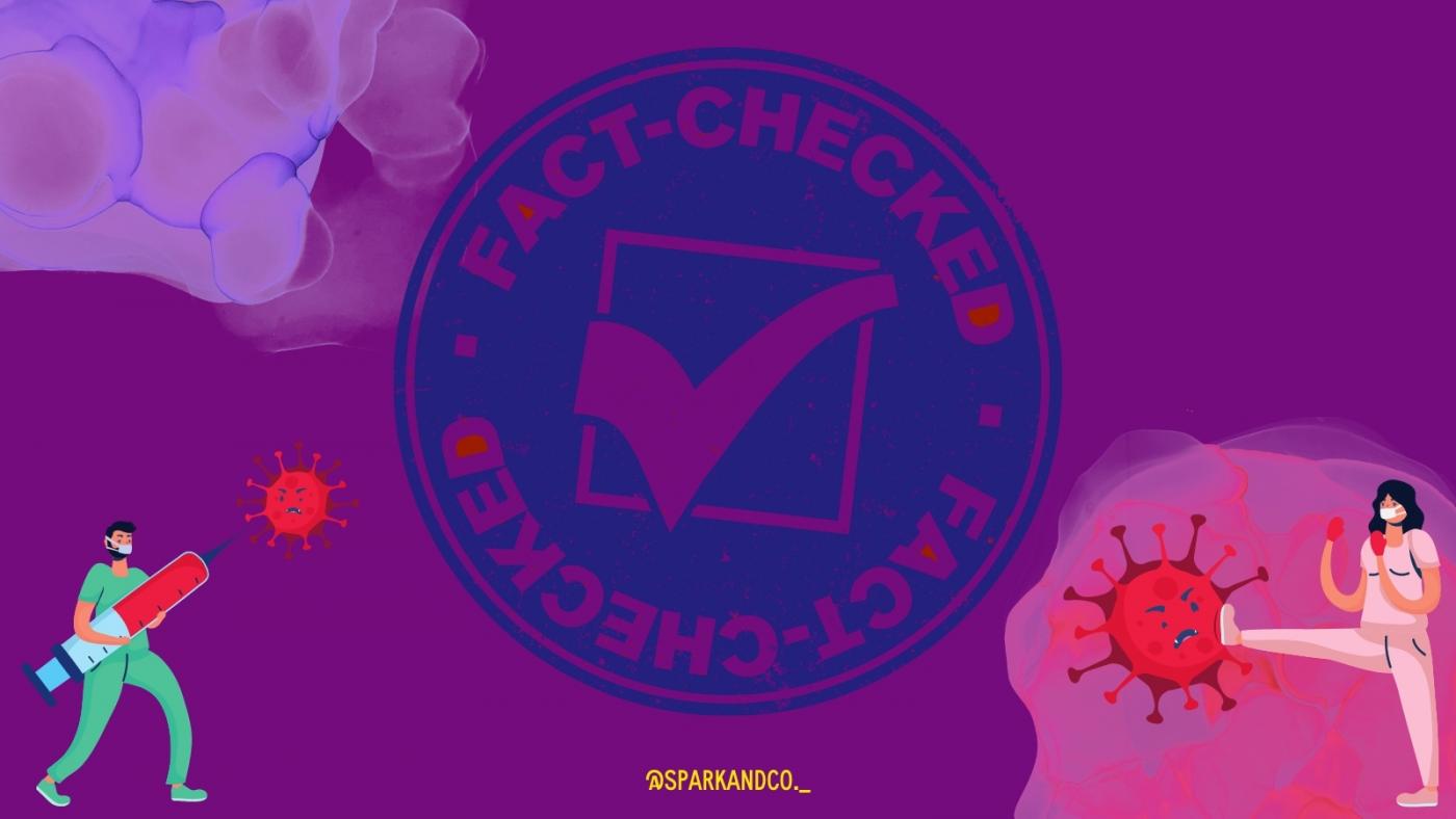 Purple background with abstract shapes on either side of image in coral and light purple. On opposite corners of the image sits an illustration. Left hand side is a doctor in uniform carrying a giant test tube filled with liquid directed at a virus. On the right hand side is an mage of a nurse kicking a giant virus. In the centre is a circular graphic with a tick box in the middle and the text fact checked around it twice.