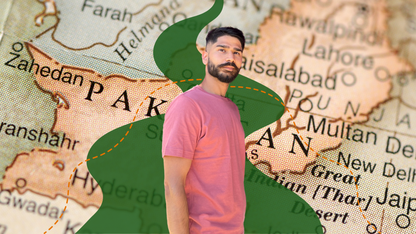 Taimour stands in front of an illustrated green path, with a map of Pakistan at the back.
