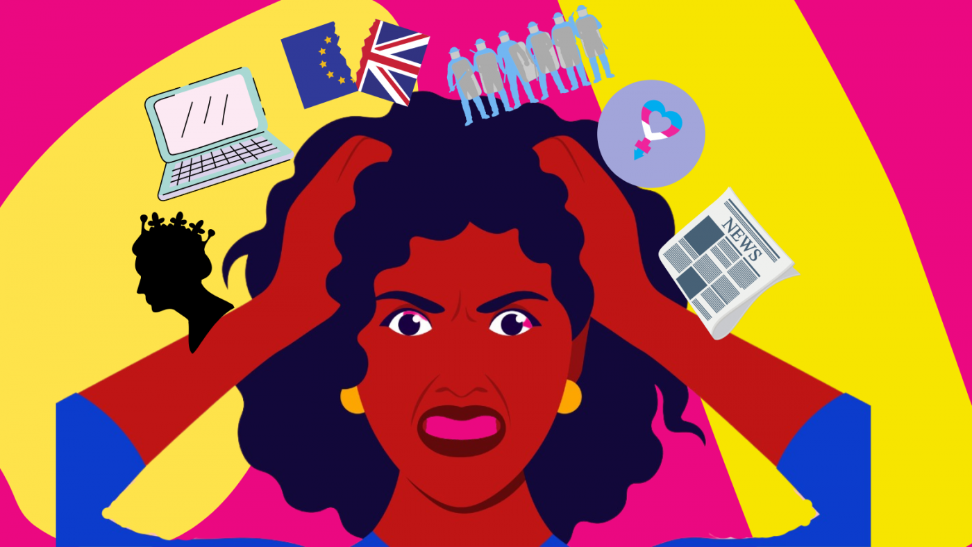illustration of a woman grabbing her hair in frustration, with tech and news items surrounding her, coral background with yellow shapes.
