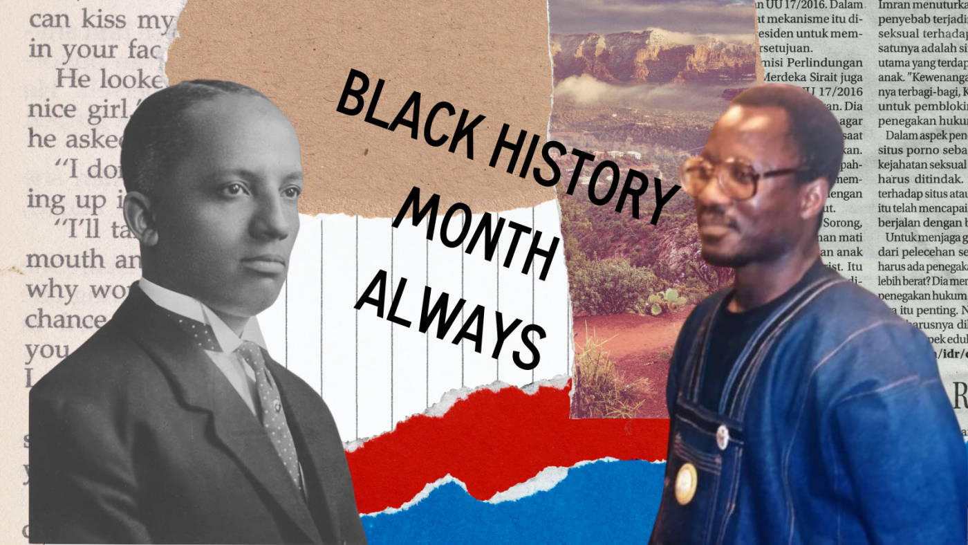 layered image of newspaper clippings, ripped notebook, cardboard and paper. On the left a photo of Carter G. Woodson and on the right Akyaaba Addai-Sebo