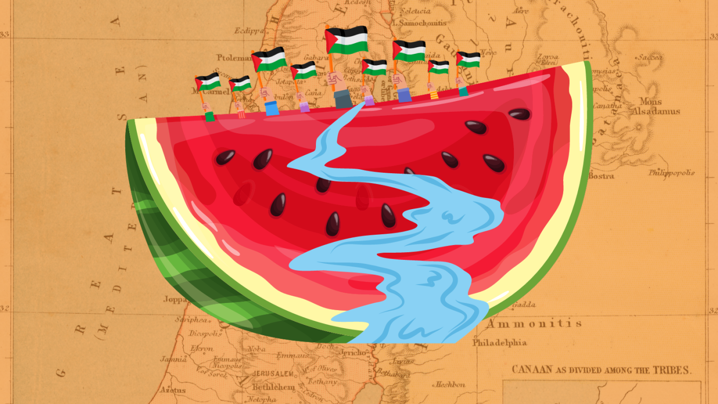 Tinted map of historic Palestine with an illustration of a watermelon slice sitting in the centre with a river running through it. At the edge of the slice is another illustration of hands holding Palestinian flags. 