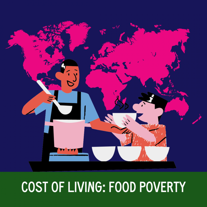 Cost of living: Food Poverty. Illustration of one person serving food to another person, with a world map behind them. 