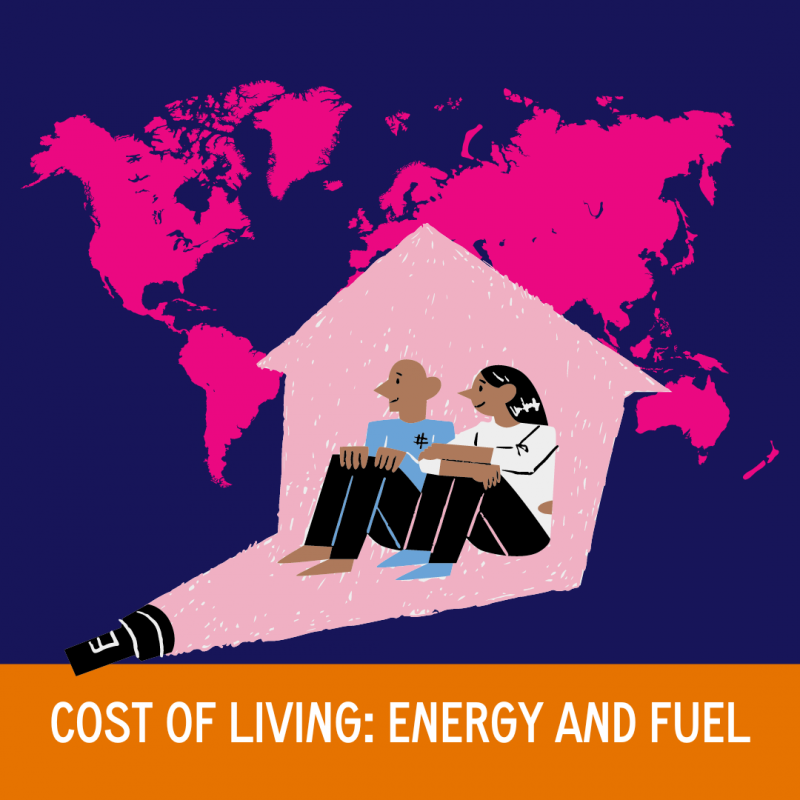 Cost of living: energy and fuel. An illustration of two people sitting in a house which is lit up by a torch. There is world map in the background. 