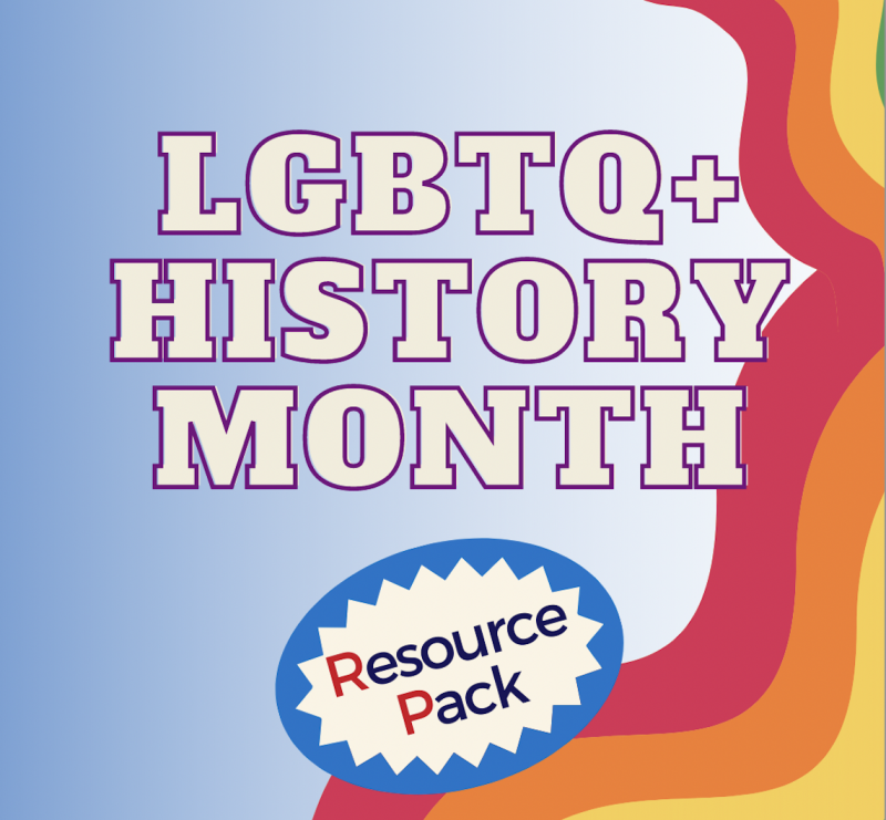 LGBTQ+ History Month is written in bold letters with a purple outline. On the right hand side are rainbow swirls spilling out to the text. 'Resource pack; is written on a spiky shape inside a blue circular shape.